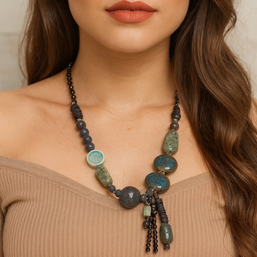 TRESKA NECKLACE STORM CLOUD COLLECTION CERAMIC BEADS SUEDE ACCENT (24 IN LENGTH)